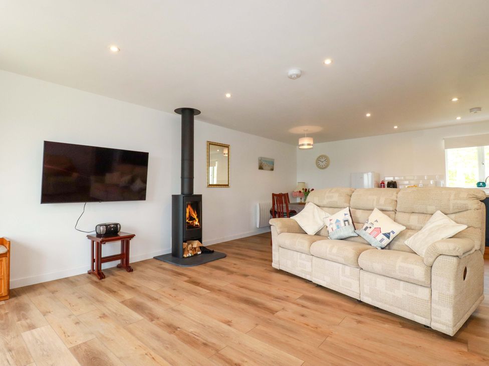 A living room with a fireplace and television at Folly View in Cambrose near Illogan