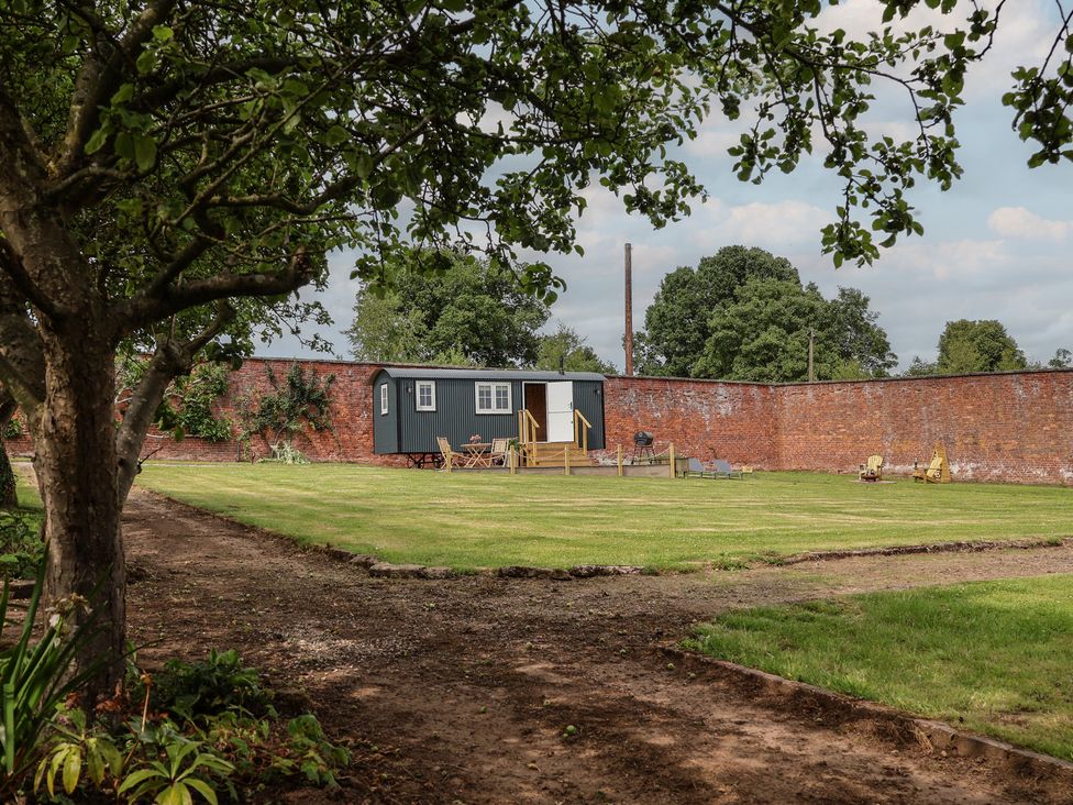 A garden with a shepherd's hut and lawn at Shepherd's Hut in Wrexham