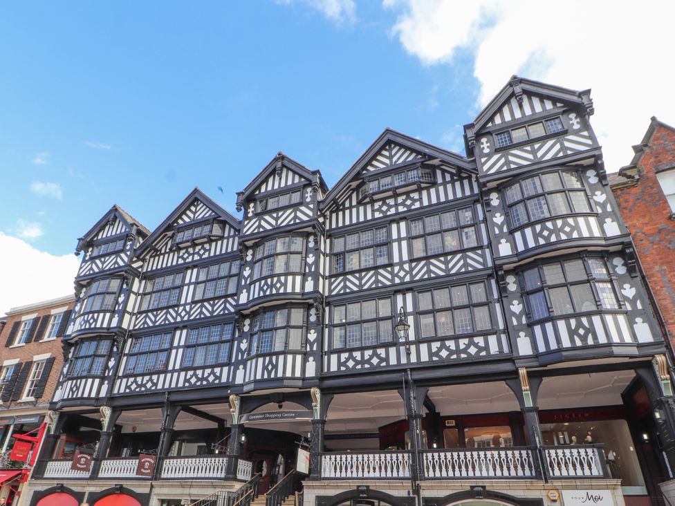 A historic building with multiple windows and balconies at The Garden Hut in Wrexham