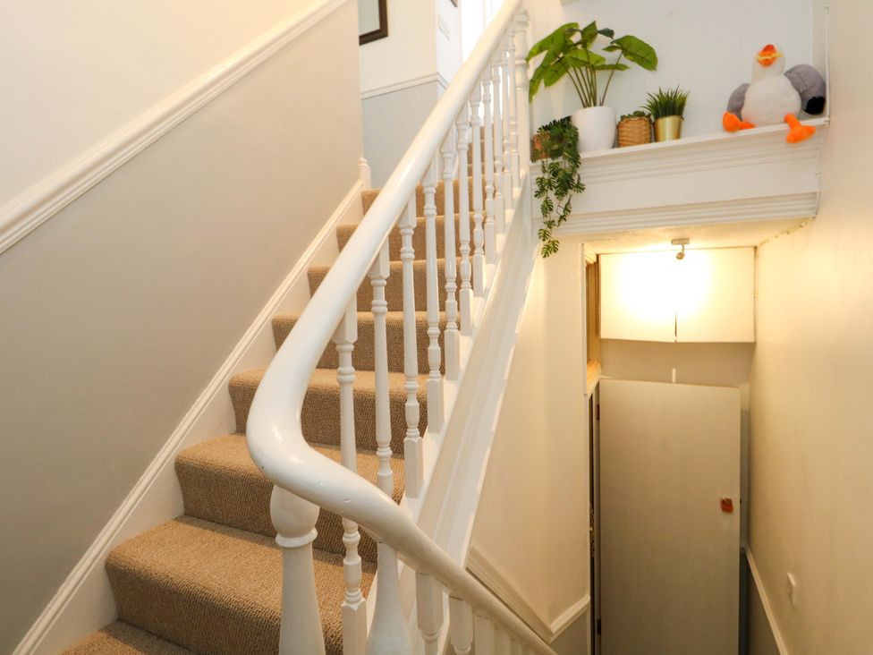 A staircase with a handrail and a plant at Seagull & Chips in Weymouth