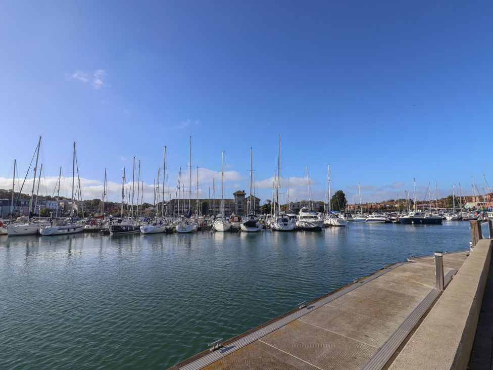 A marina with boats docked at Seagull & Chips Weymouth