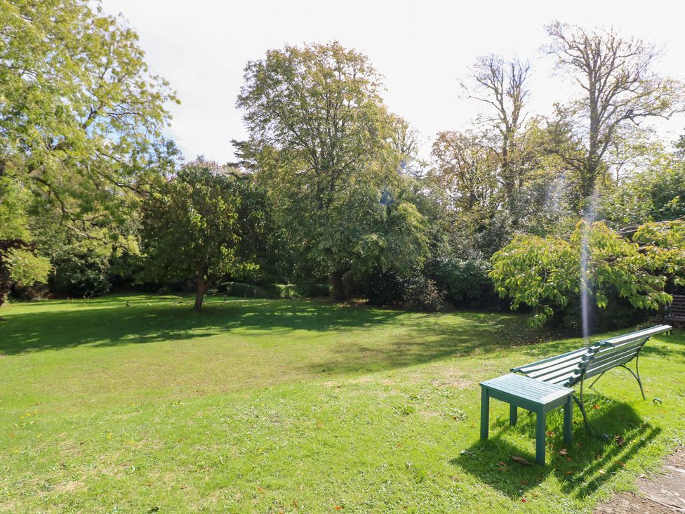 A garden with a bench and trees at Woodlands in Freshwater