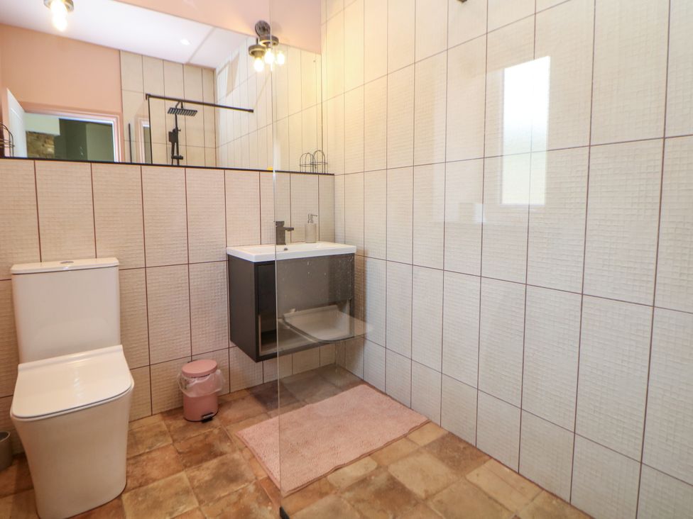 A bathroom with a toilet, sink, and shower at The Plucking Shed in Stockport