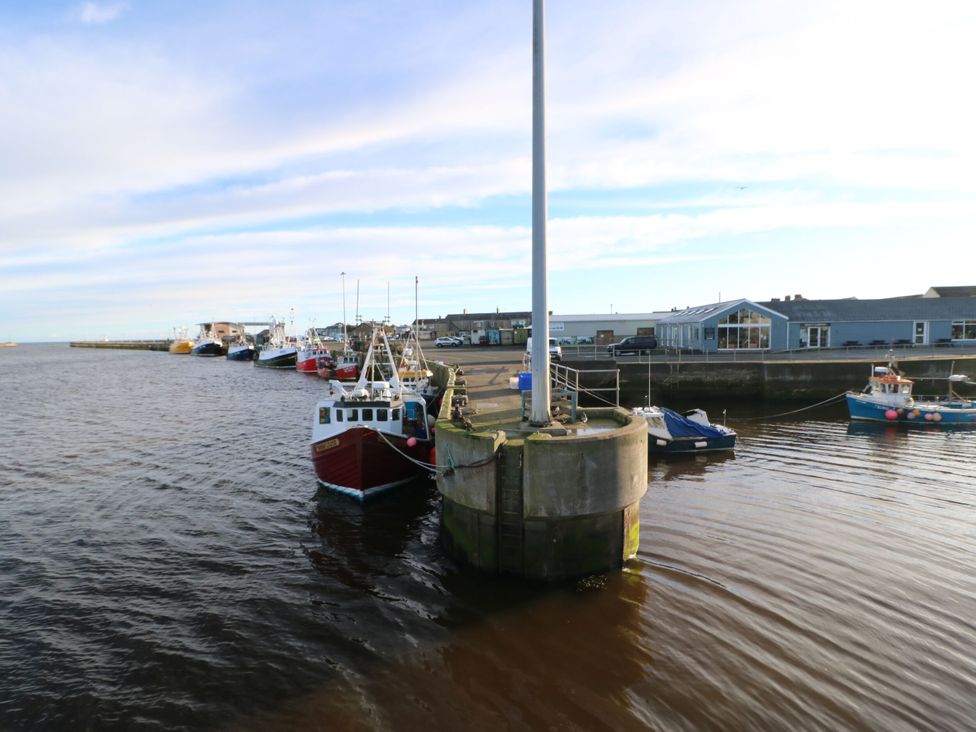 A fishing harbor with boats docked at Amblers Rest in Amble