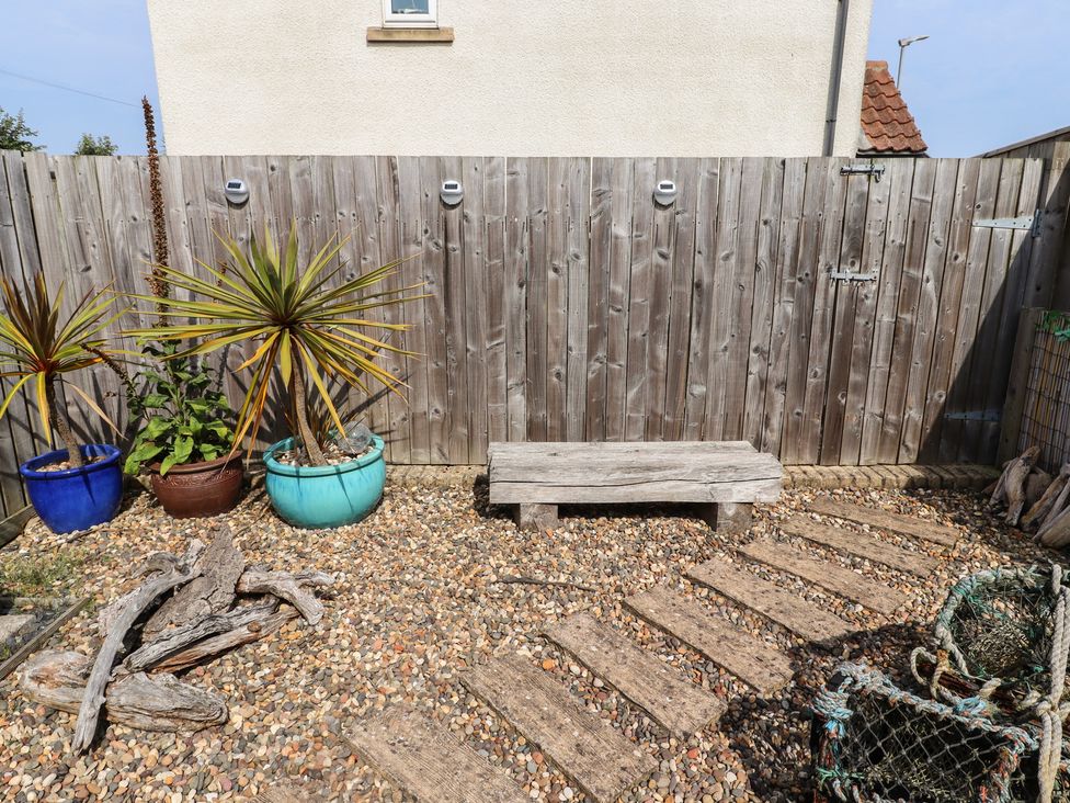 A garden area with potted plants and a wooden bench at Tidal Watch in Seahouses