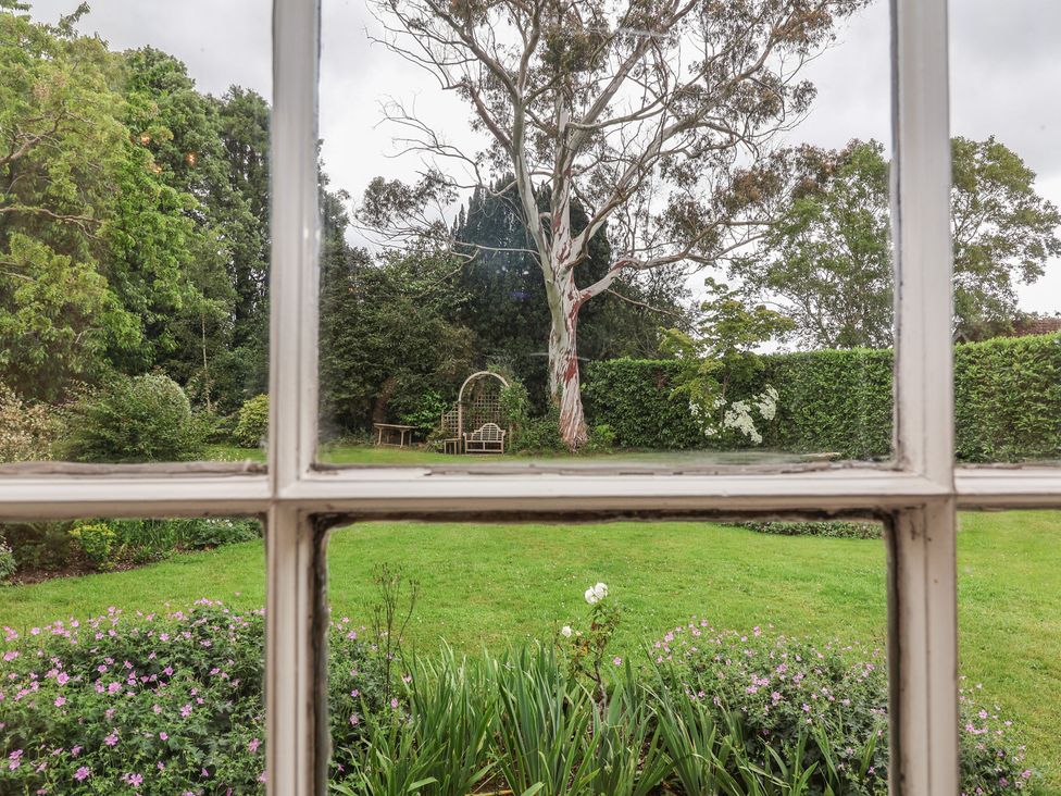 A view of a garden with trees and a bench at The Old Vicarage in Merriott