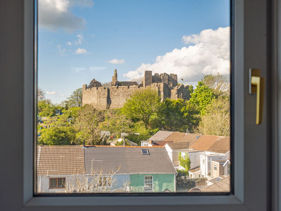 A view of a castle and houses through a window at Flat 56 Newton Road Abertawe