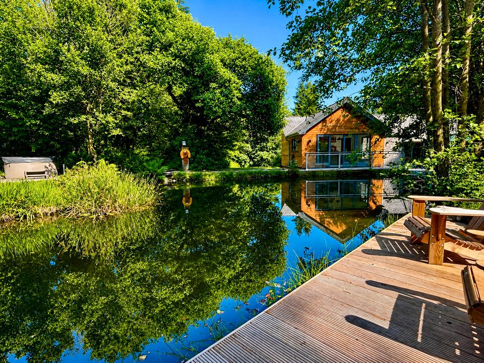A house by a pond with trees and a deck at Bracken Ground in Coniston