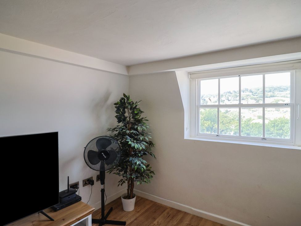 A living room with a television, fan, and plant at FLAT 3 54a broad Street (2 bed sleeping 4) Lyme Regis