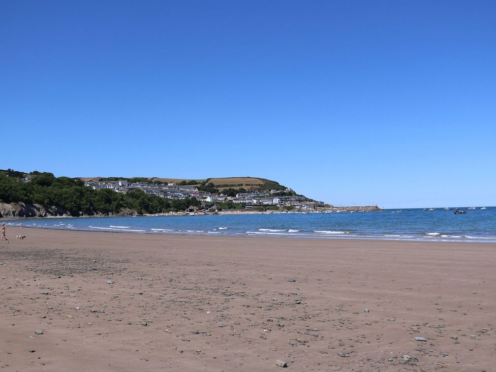 A beach with houses and hills in the background at Hafan Y Gof in Newcastle Emlyn