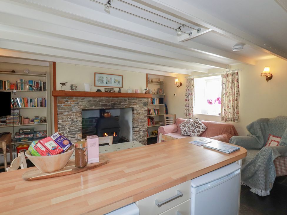 A living room with a fireplace and sofa at Trevean in Bude