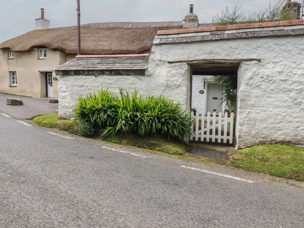A view of a house with a thatched roof and a white wall in Bude