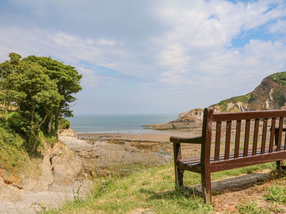 A bench overlooking a beach and water at Hedgehogs in Barnstaple