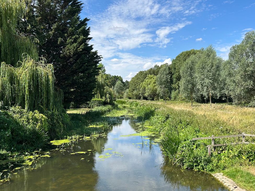 A river surrounded by trees and grass at Berkley Cottage in Coggeshall