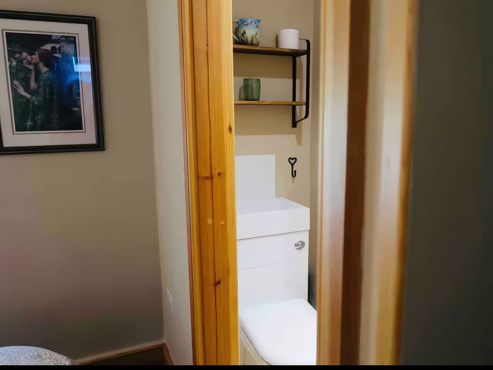 A bathroom with a toilet and shelf at Copper Miners Cottage, Beddgelert, Eryri (snowdonia)