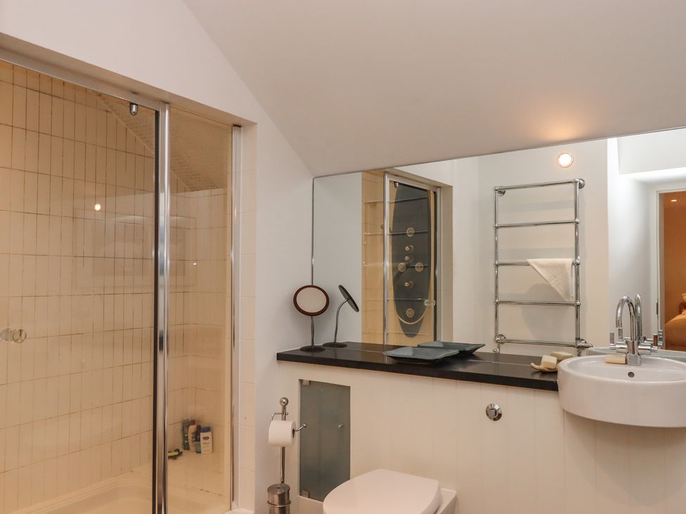 A bathroom with a shower, sink, and toilet at Lower Velwell Barn in Totnes