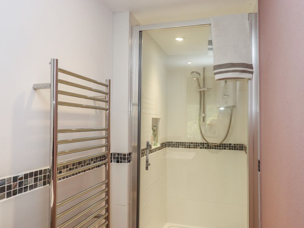 A bathroom with a shower and a towel rack at Lower Velwell Barn in Totnes