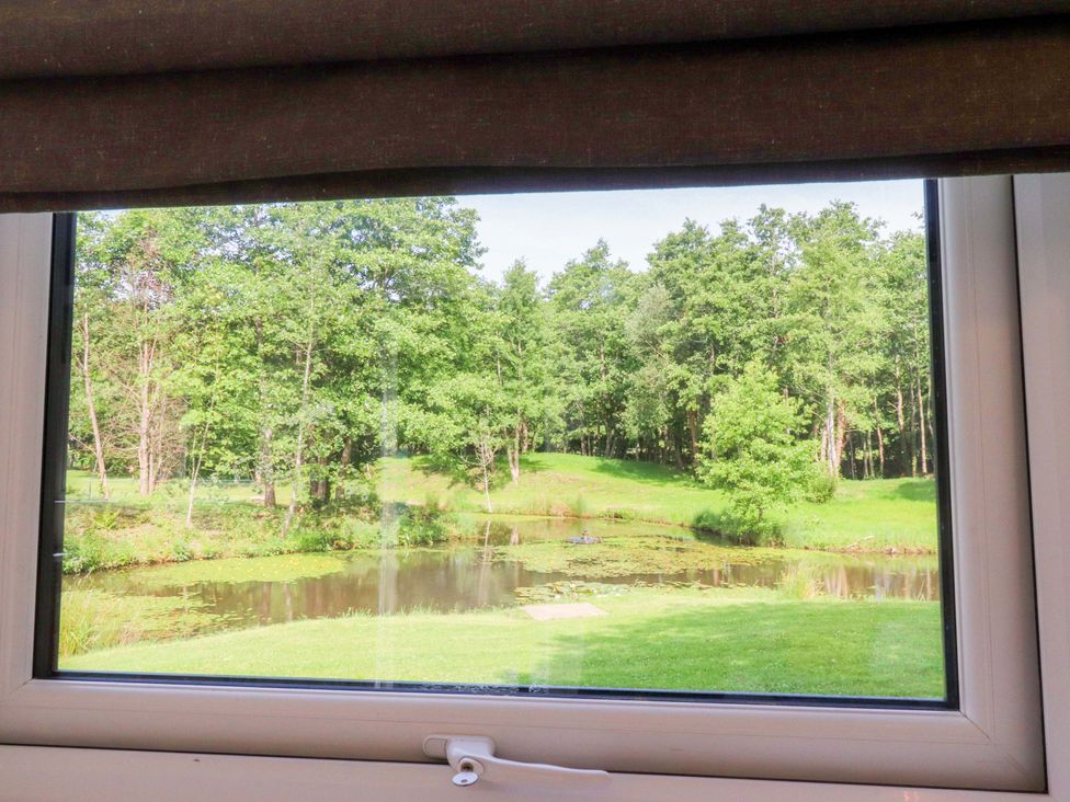 View of a pond and trees from a window at Shepherds Hut 2