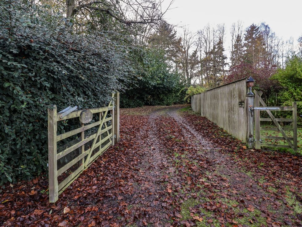 A path with a gate and fallen leaves at The Anchorage