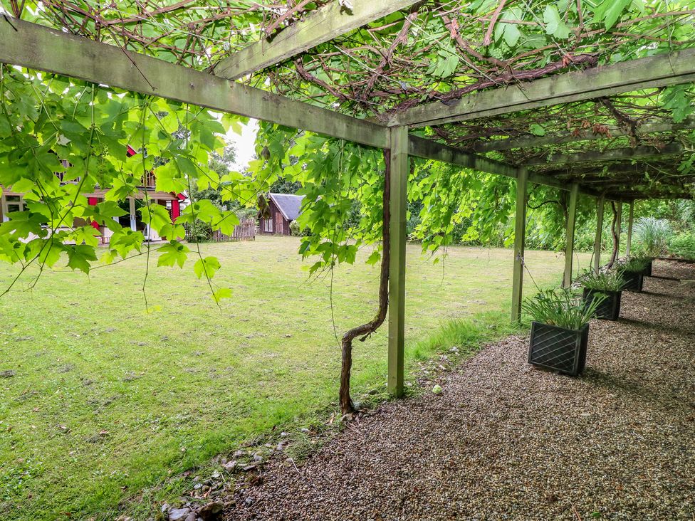 A garden featuring a grapevine trellis and planters at The Anchorage in Hoveton & Wroxham