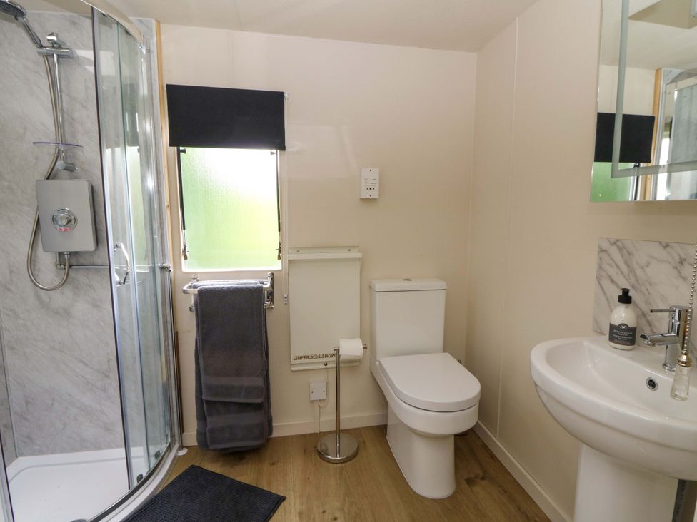 A bathroom with a shower, toilet, and sink at Gwybedog Llanwrda