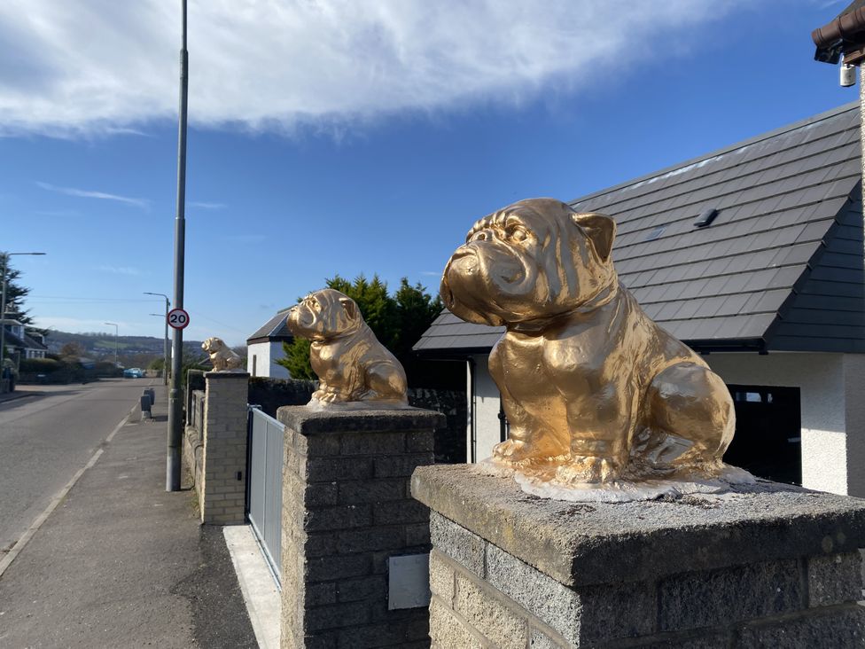 Golden bulldog statues on walls at Lazy Bulldog in Newport-On-Tay