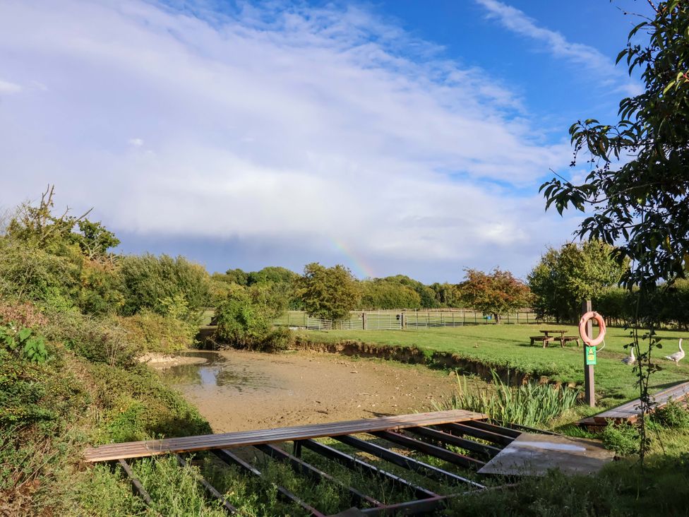 An outdoor view of a pond with a bridge and trees at Coachman's Cottage in Ipswich