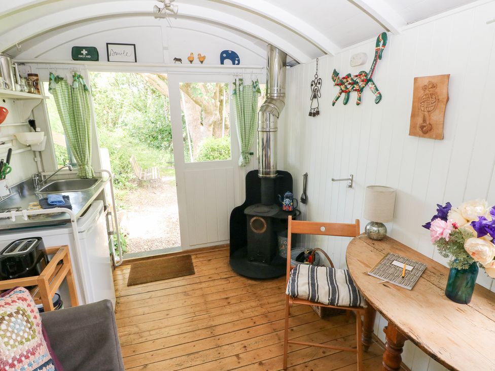 A kitchen with a stove and table at The Shephard Hut Nine Wells near Solva