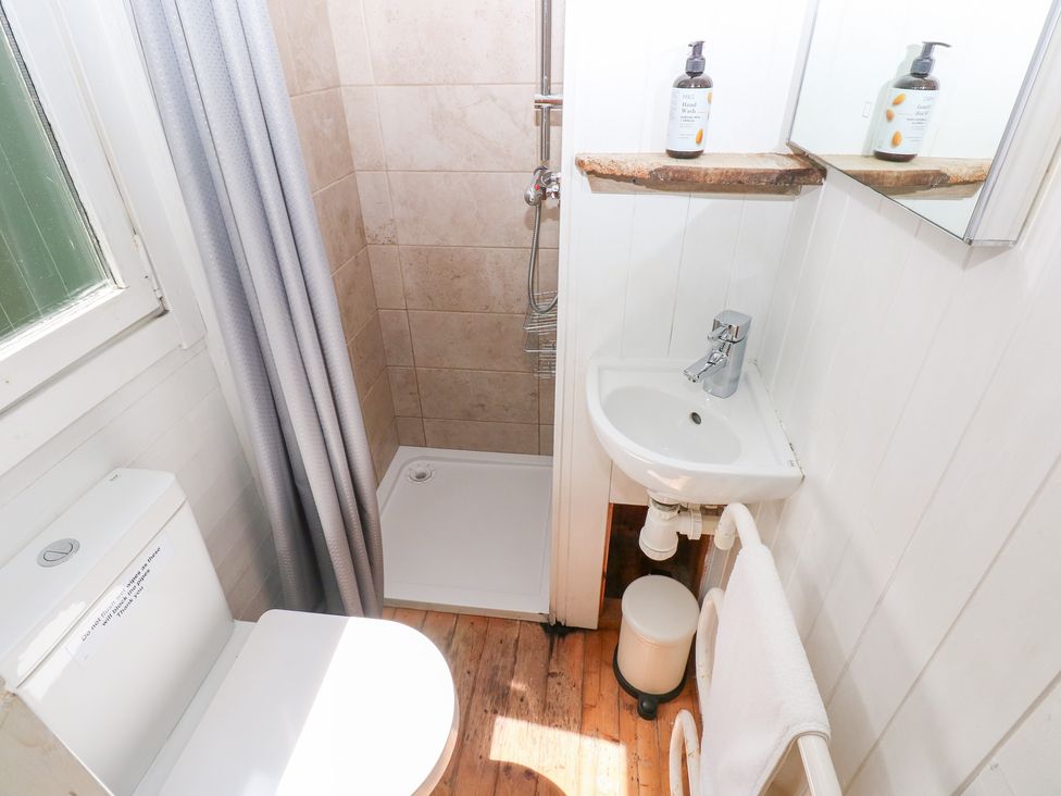 A bathroom featuring a shower, sink, and toilet at The Shephard Hut, Nine Wells near Solva