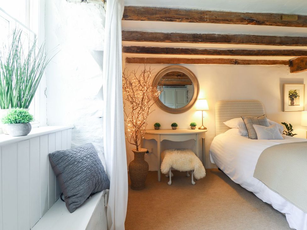 A bedroom with a mirror and plants at Bwthyn Canol in Llanfair