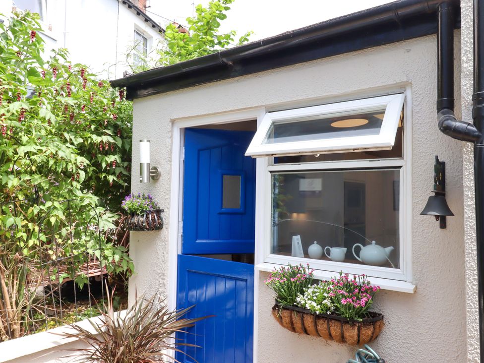 An outdoor entrance with a blue door and plants at Kenny Cottage Dawlish