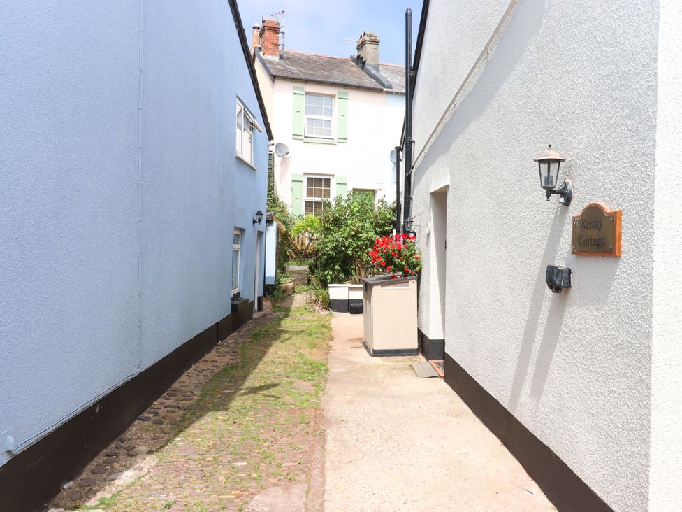 An alleyway between buildings with plants at Kenny Cottage in Dawlish