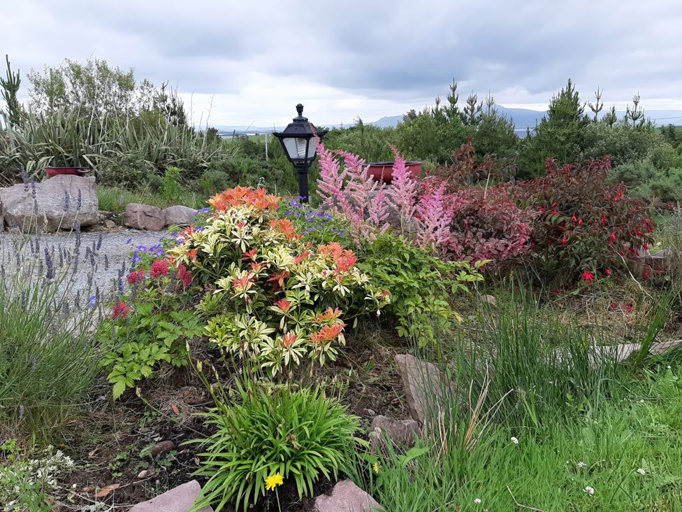A garden with flowers and a lamp at Moynish Mor Mulranny in MULRANNY