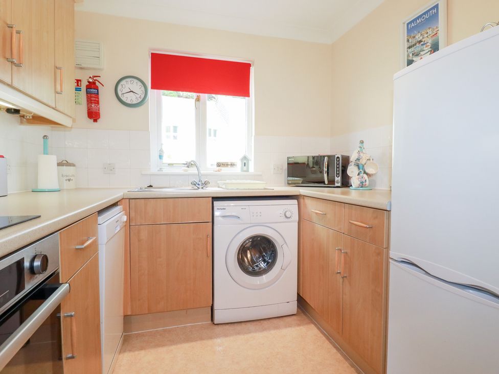 A kitchen with a washing machine and countertop at Trouts Reach Falmouth