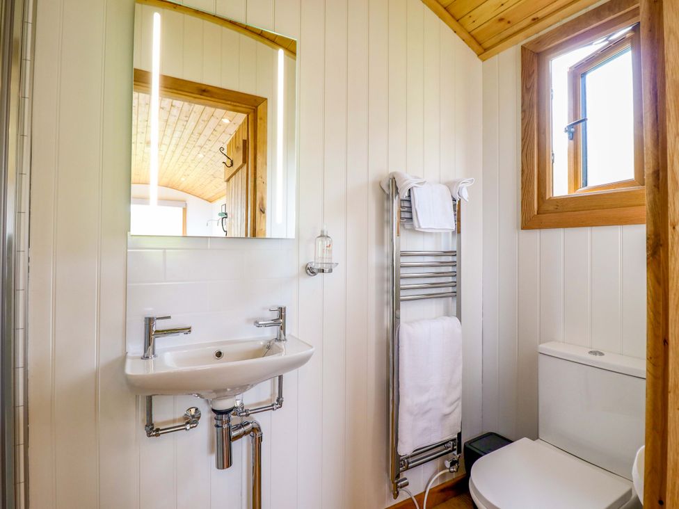 A bathroom with a sink, toilet, and towel rail at Defaid Cymreig in Oswestry
