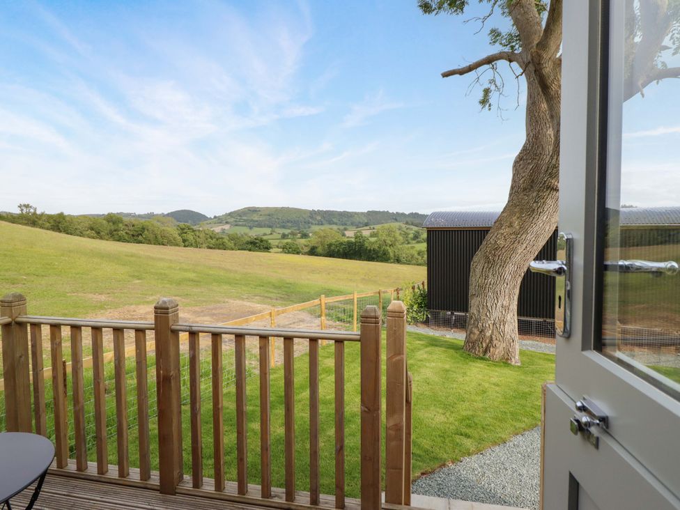 A view from a door overlooking a grassy field and tree at Cheviot in Oswestry