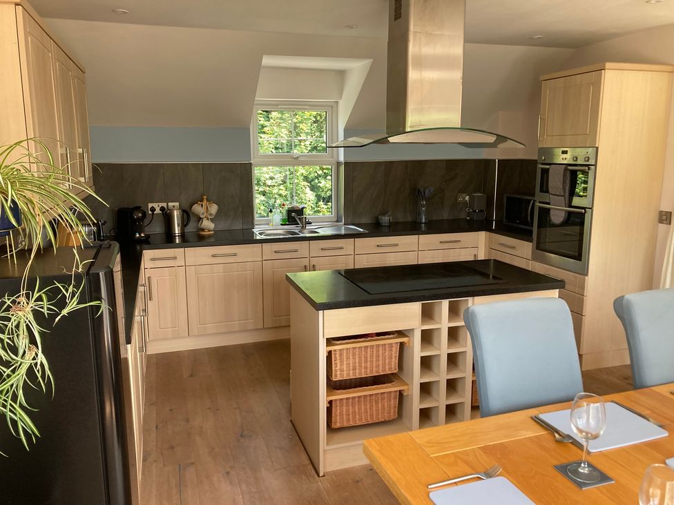 A kitchen with cabinets and appliances at 1 Bryn Beudy Narberth