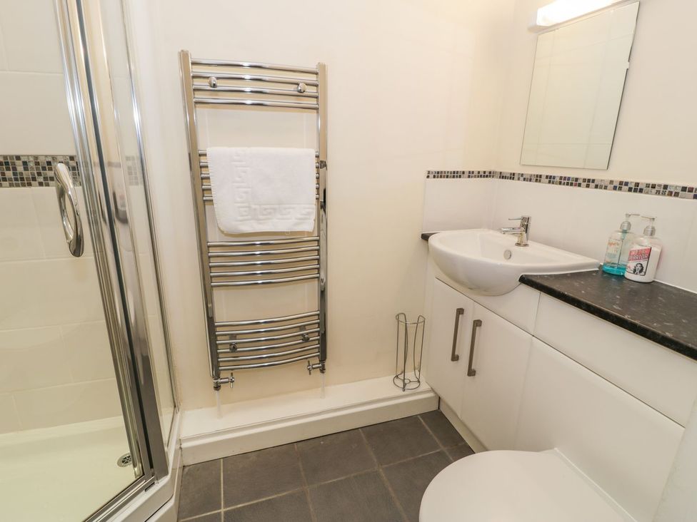 A bathroom with a shower, sink, mirror, and towel rail at 3 Riverside Bungalows Llanbedr