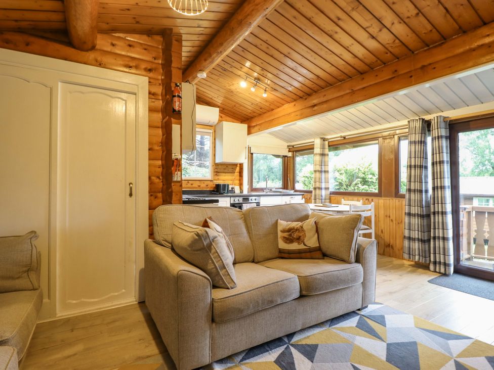 A living room with a sofa and kitchen area at Swn Yr Afon - No 333