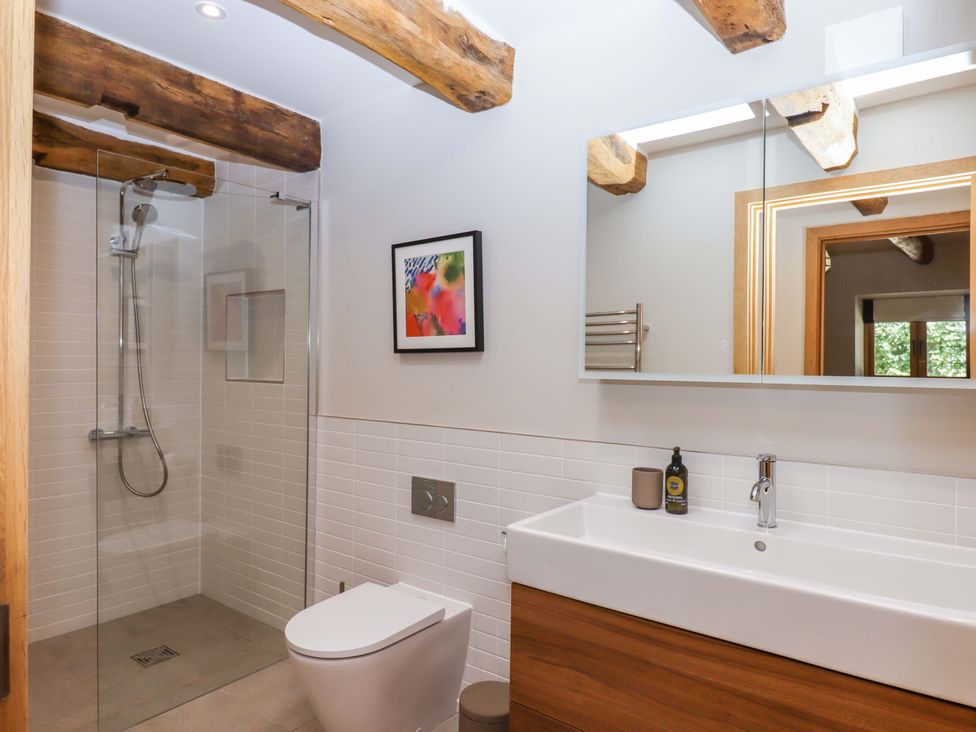 A bathroom with a shower, toilet, and sink at Lower Walreddon Barn in Tavistock