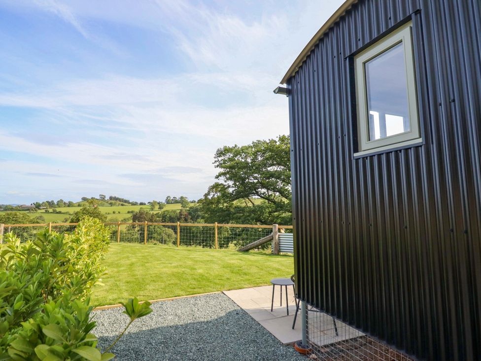 A garden with a shed and chair at Charollais in Oswestry