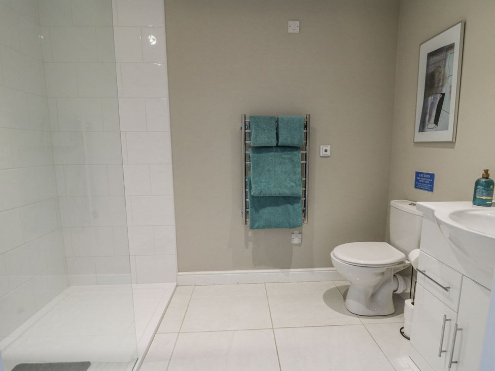 A bathroom with a shower, toilet, and sink at Little Penrhosgoch Barn in Llandrindod Wells