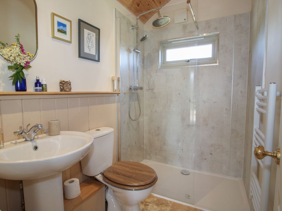A bathroom with a shower, sink, and toilet at Owl's Hollow, Chapel Lawn near Clun