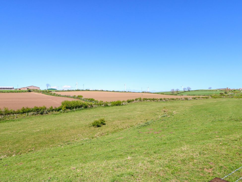 An outdoor view with fields and wind turbines at White House in Durham