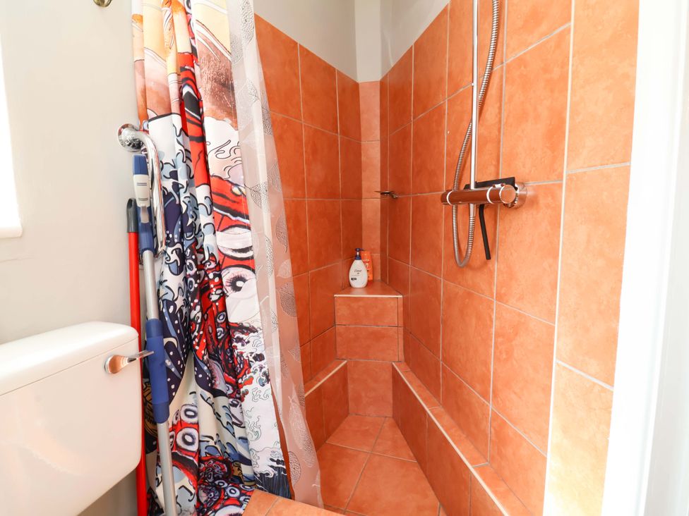 A bathroom with a shower and toilet at Seacroft in Combe Martin
