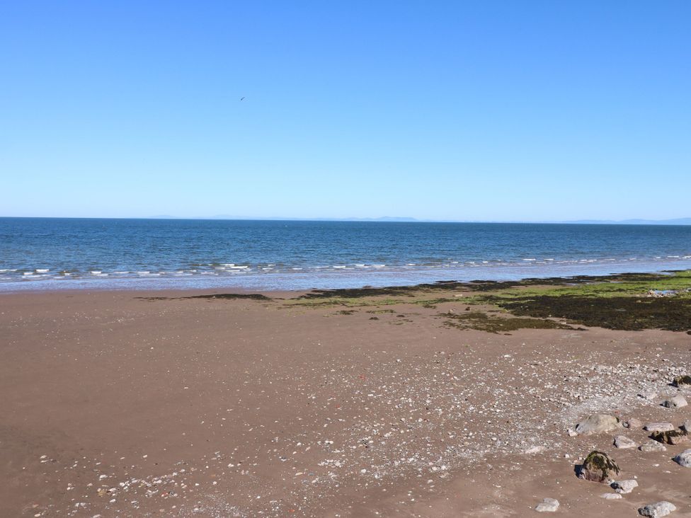 A beach with sand, seaweed and rocks at Seaview in Whitehaven
