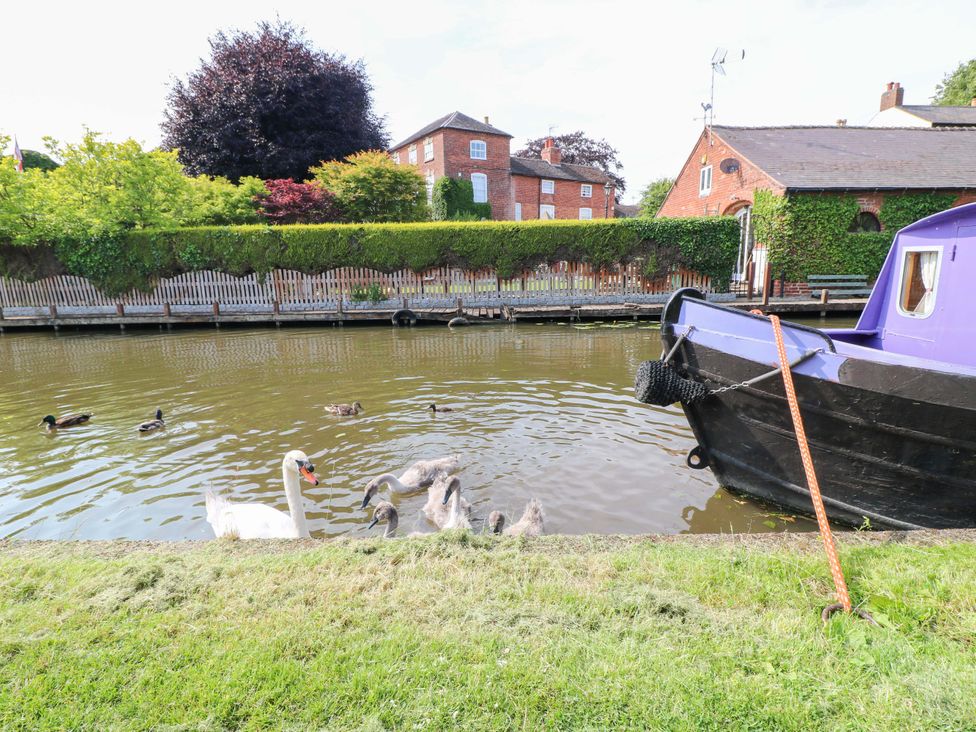 A view of a canal with a boat and ducks at The Canalside Cottage in Derby