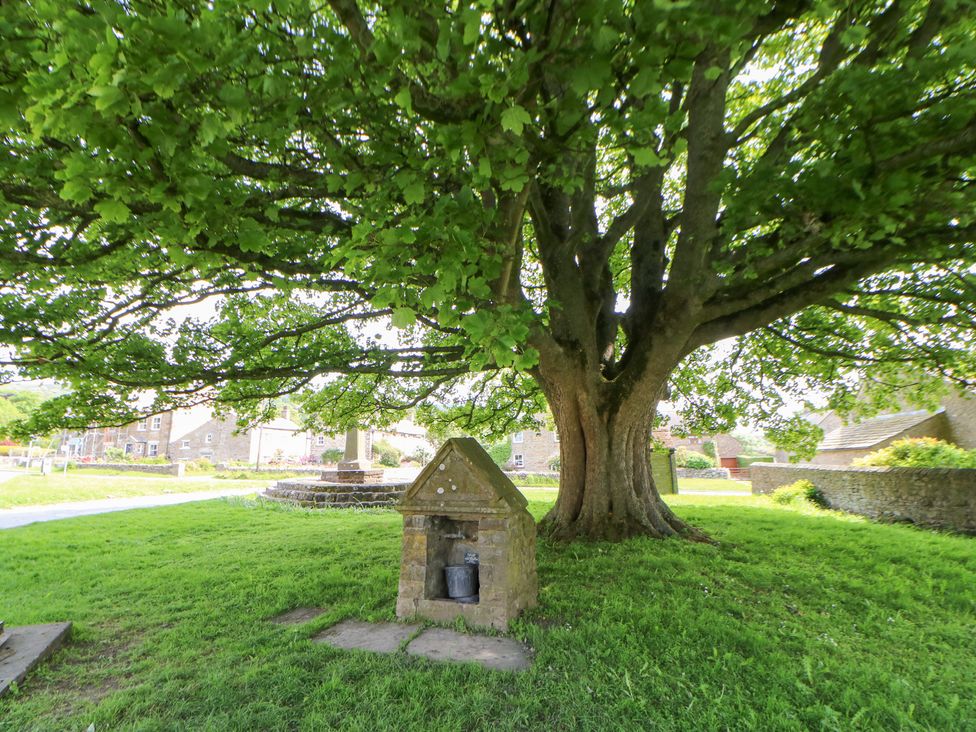 A shaded area with a stone structure and a large tree at Rosemary Cottage in Leyburn