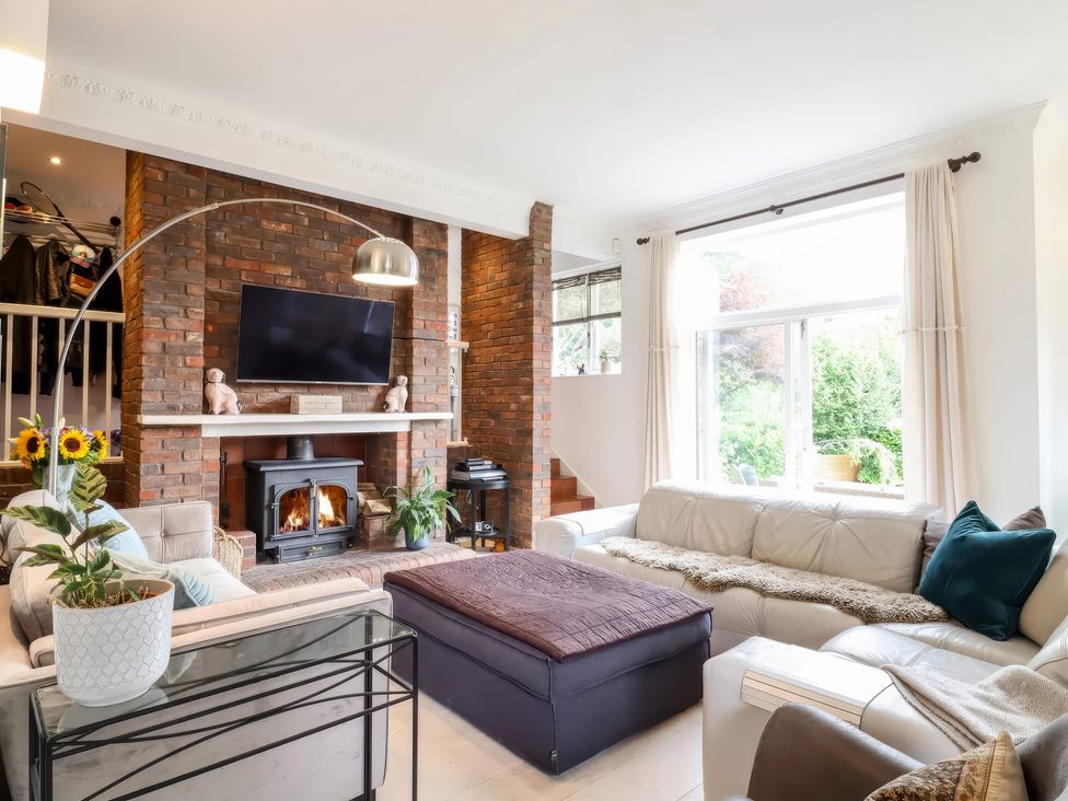 A living room with a fireplace and a television at Forest Getaway in 