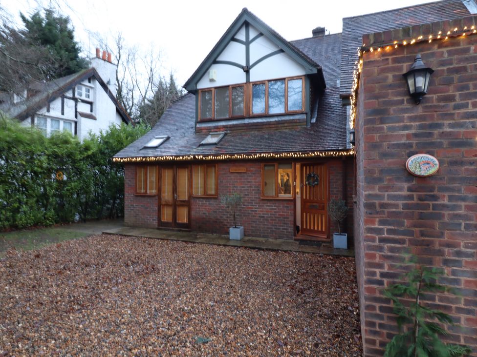 A house with a wooden door and windows in a garden at Forest Getaway